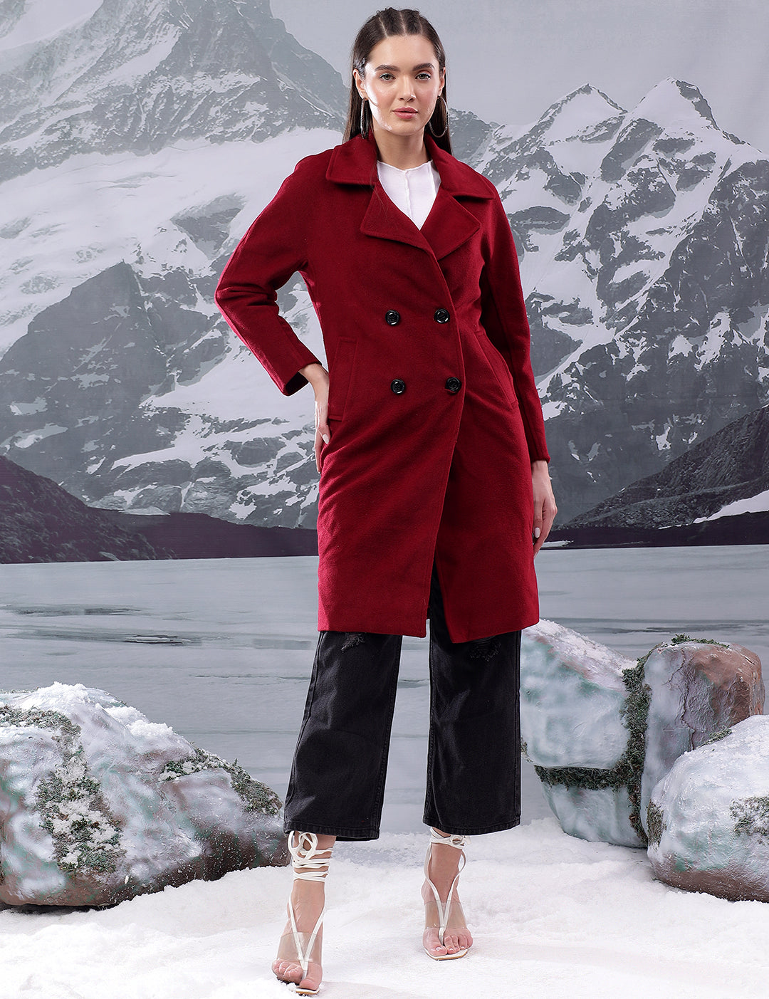 KOTTY Solid Double Breasted Casual Women Blazer (Maroon)