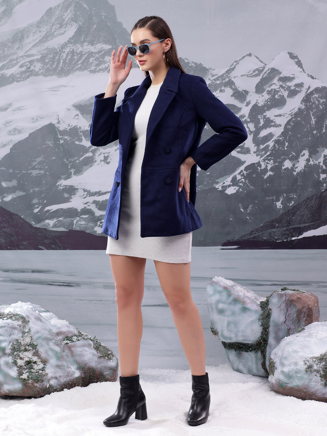 KOTTY Solid Double Breasted Casual Women Blazer (Blue)