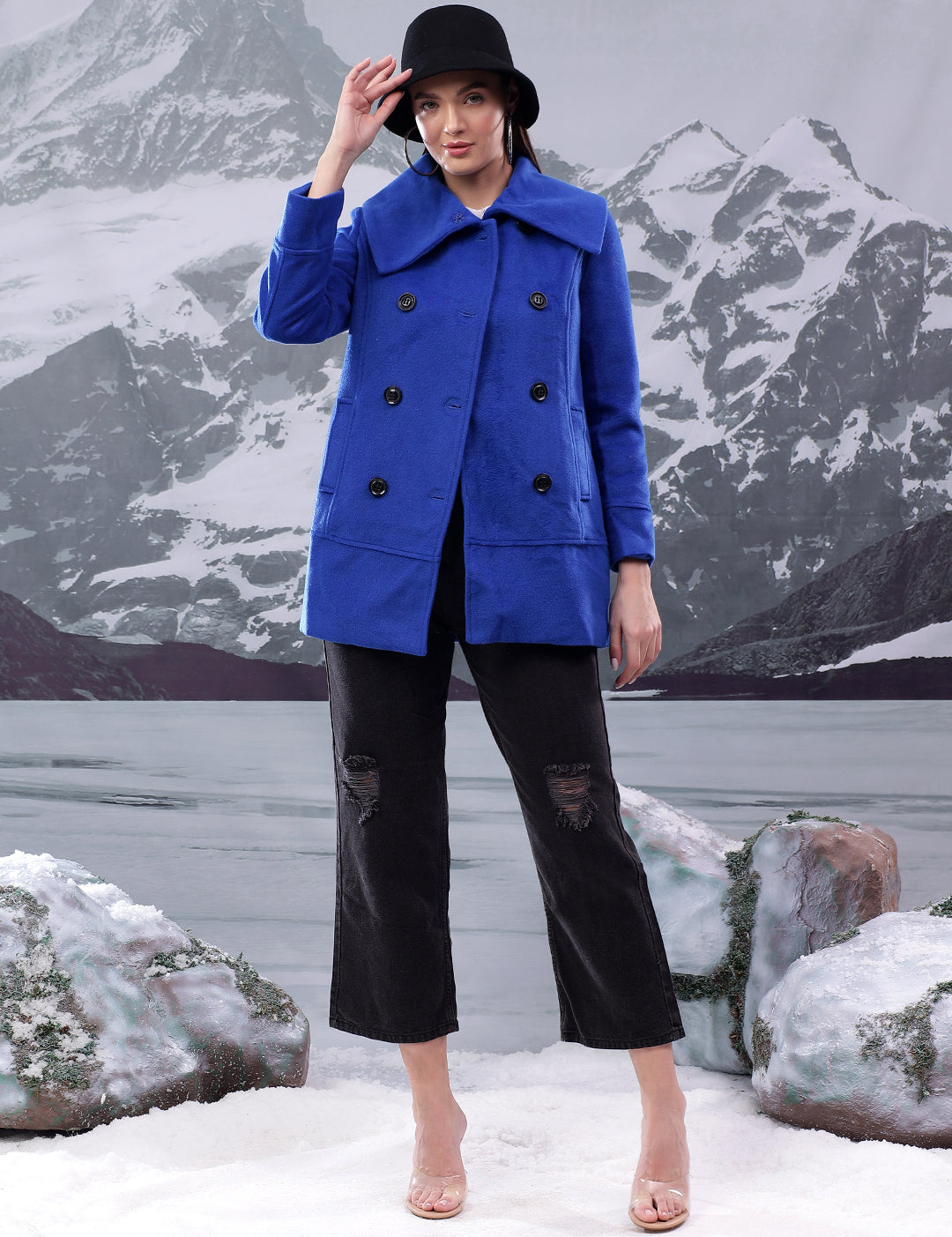 KOTTY Solid Double Breasted Casual Women Blazer (Blue)