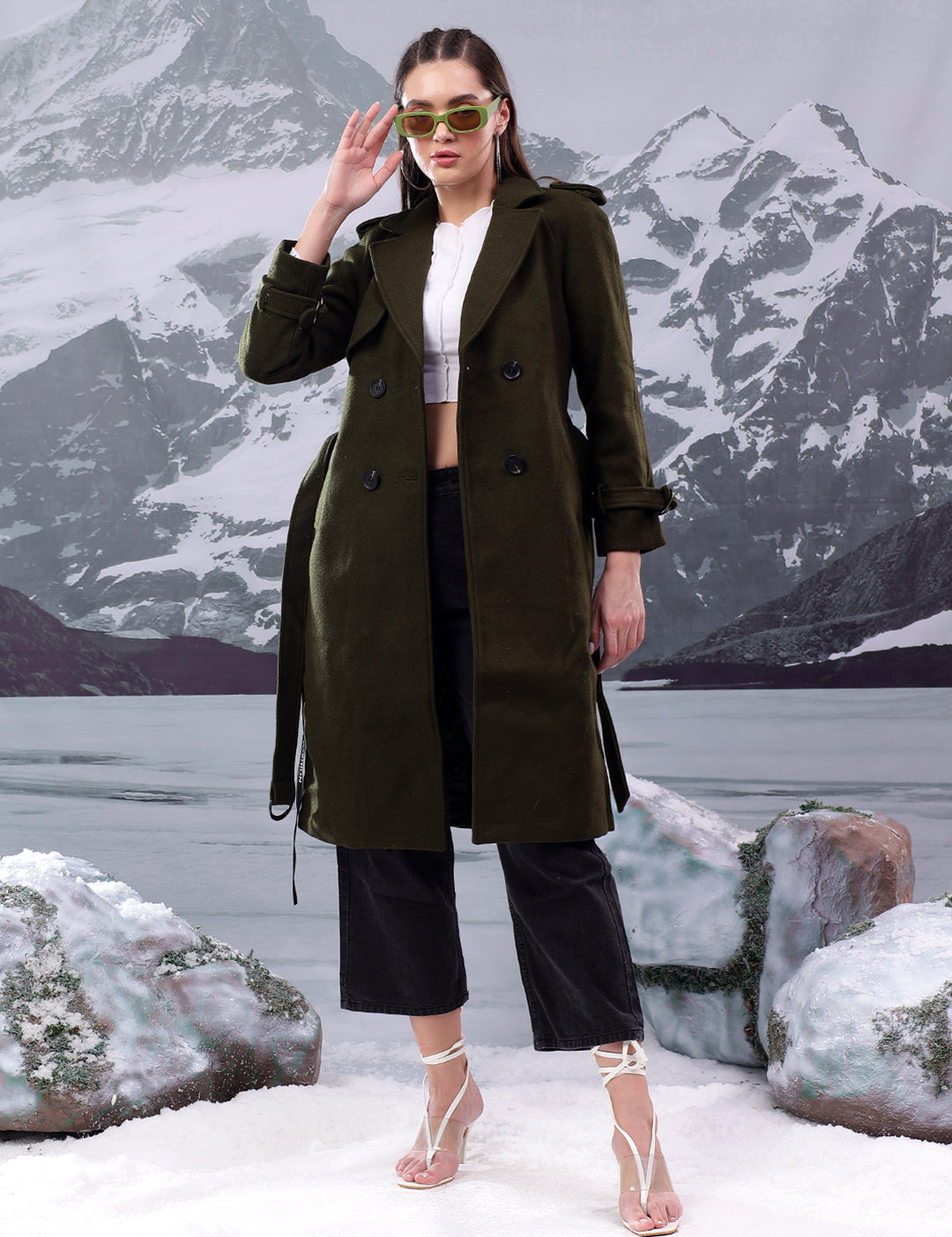 KOTTY Solid Double Breasted Casual Women Blazer (Green)