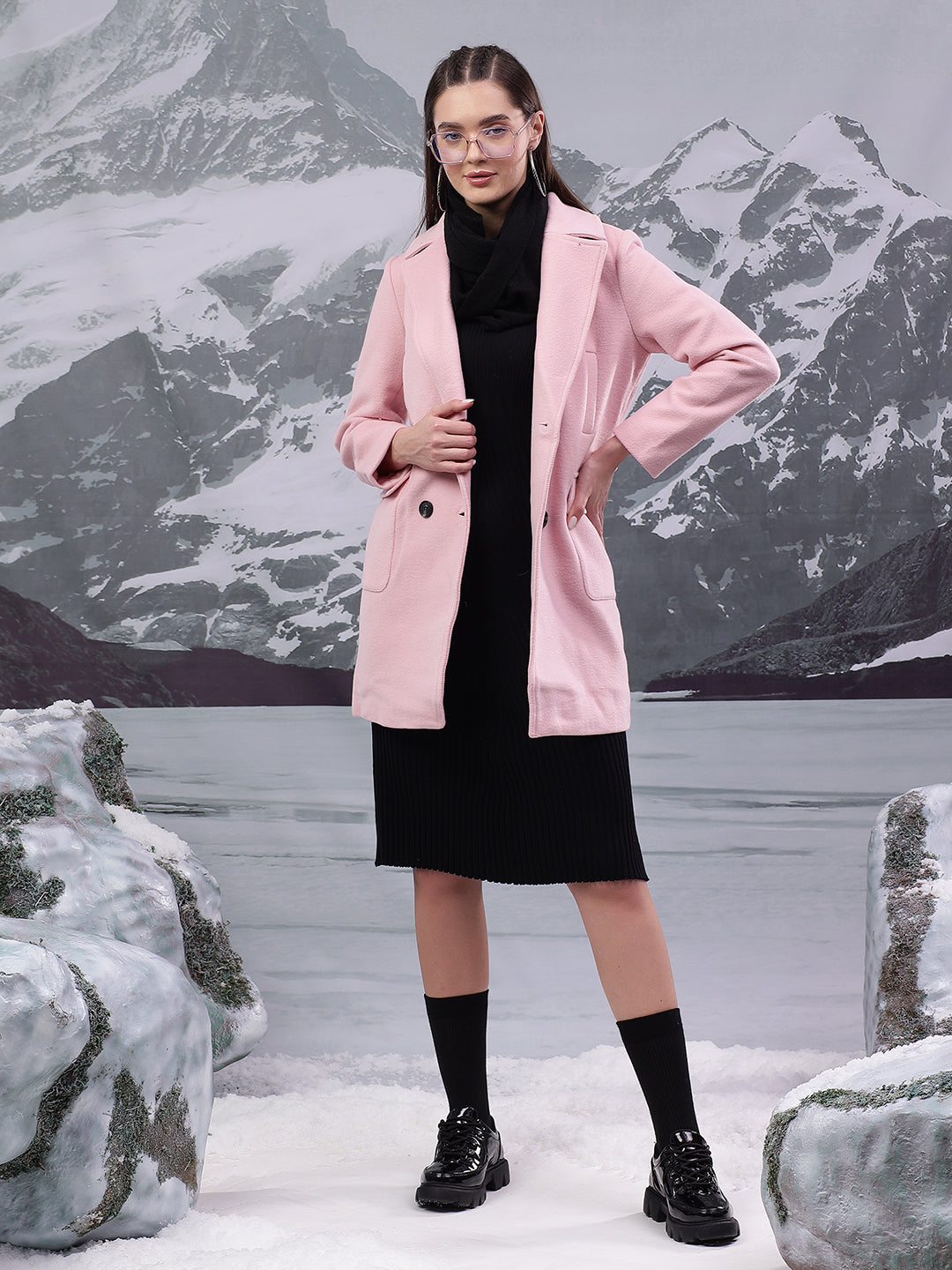 KOTTY Solid Double Breasted Casual Women Blazer (Pink)