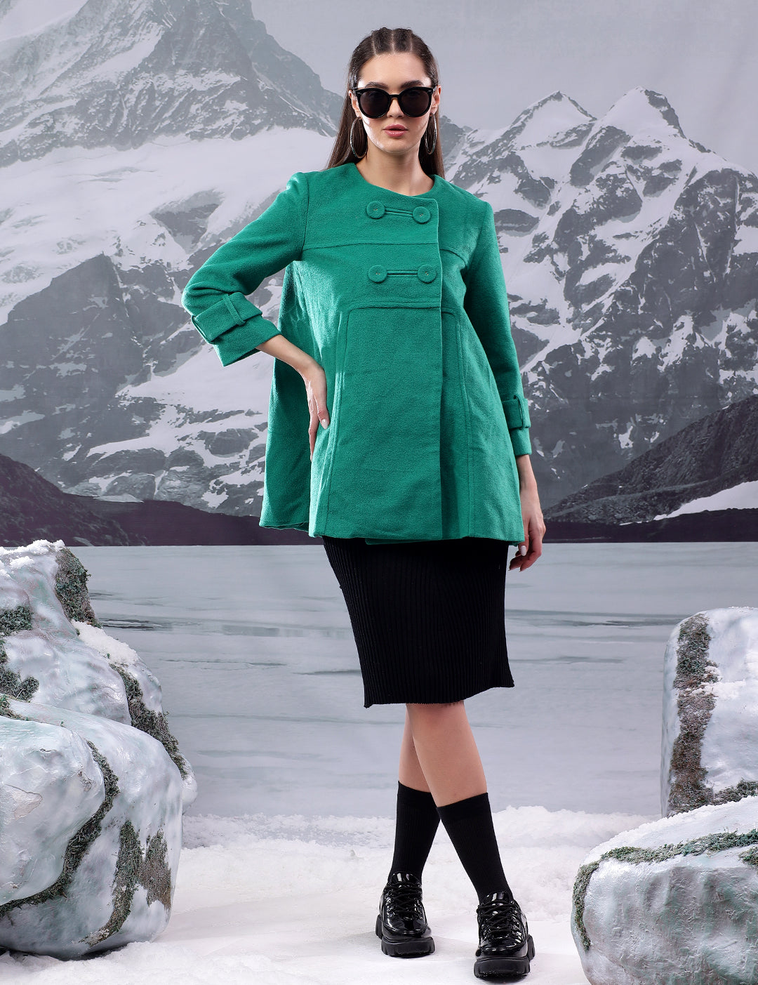 KOTTY Solid Double Breasted Casual Women Blazer (Green)