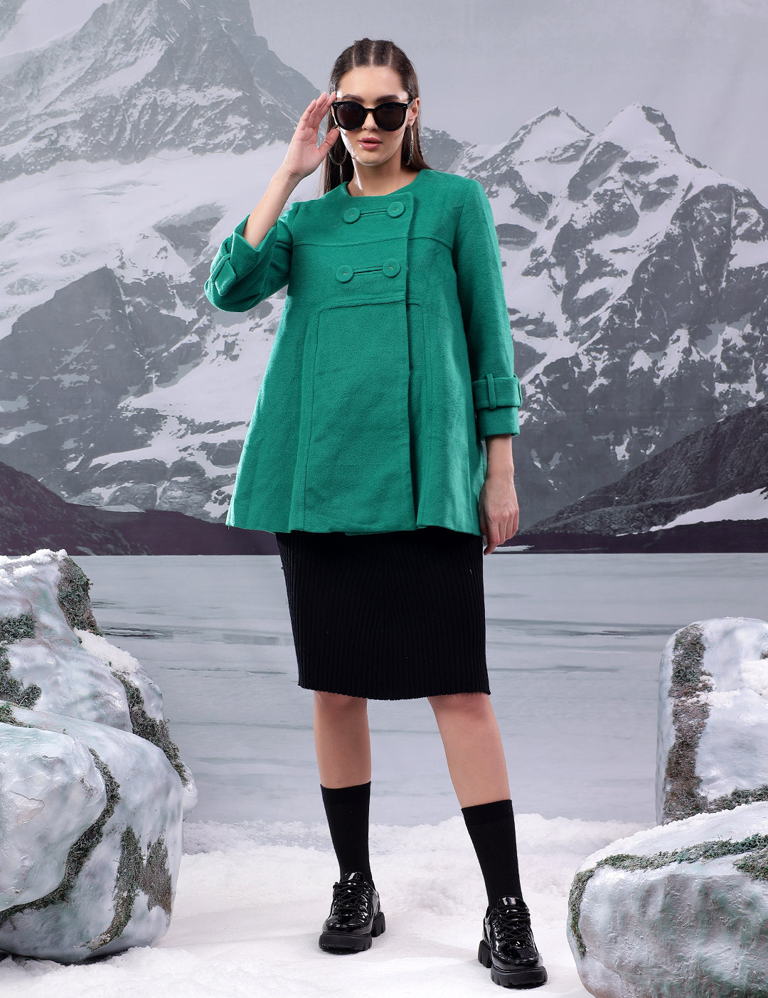 KOTTY Solid Double Breasted Casual Women Blazer (Green)