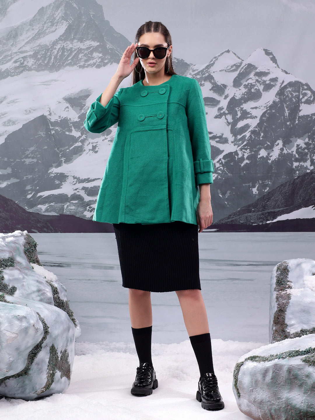 KOTTY Solid Double Breasted Casual Women Blazer (Green)