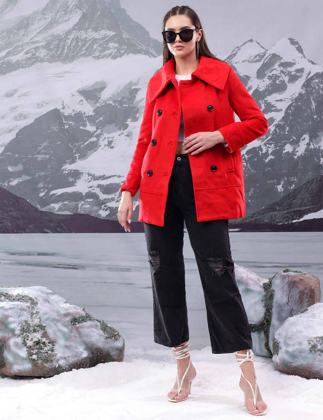 KOTTY Solid Double Breasted Casual Women Blazer (Red)