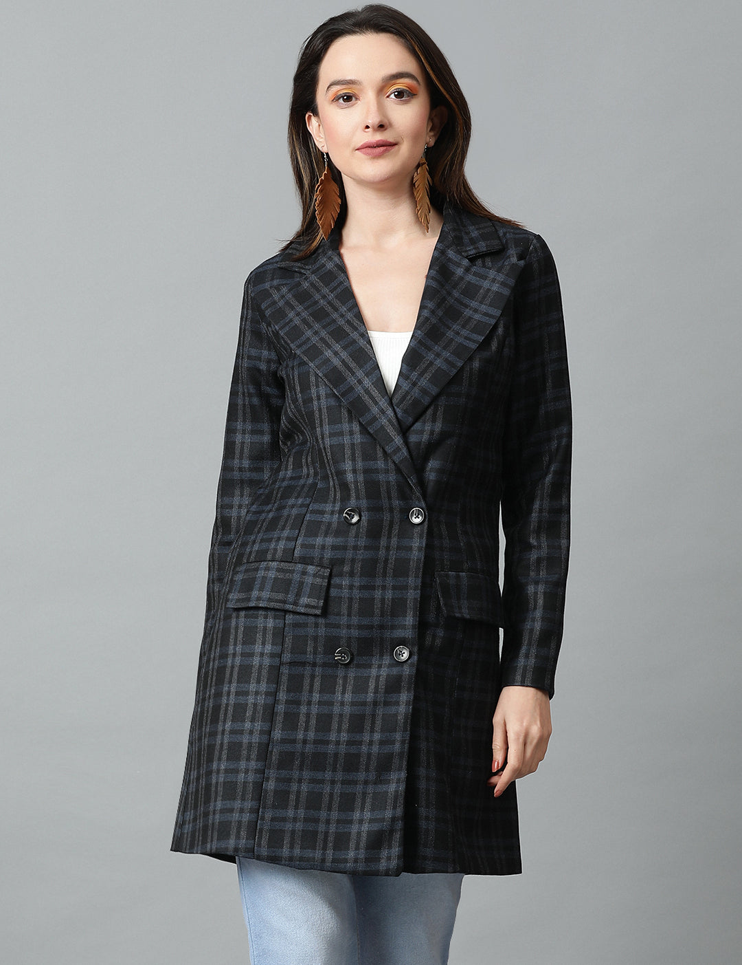 KOTTY Checkered Single Breasted Casual Women Blazer (Black)