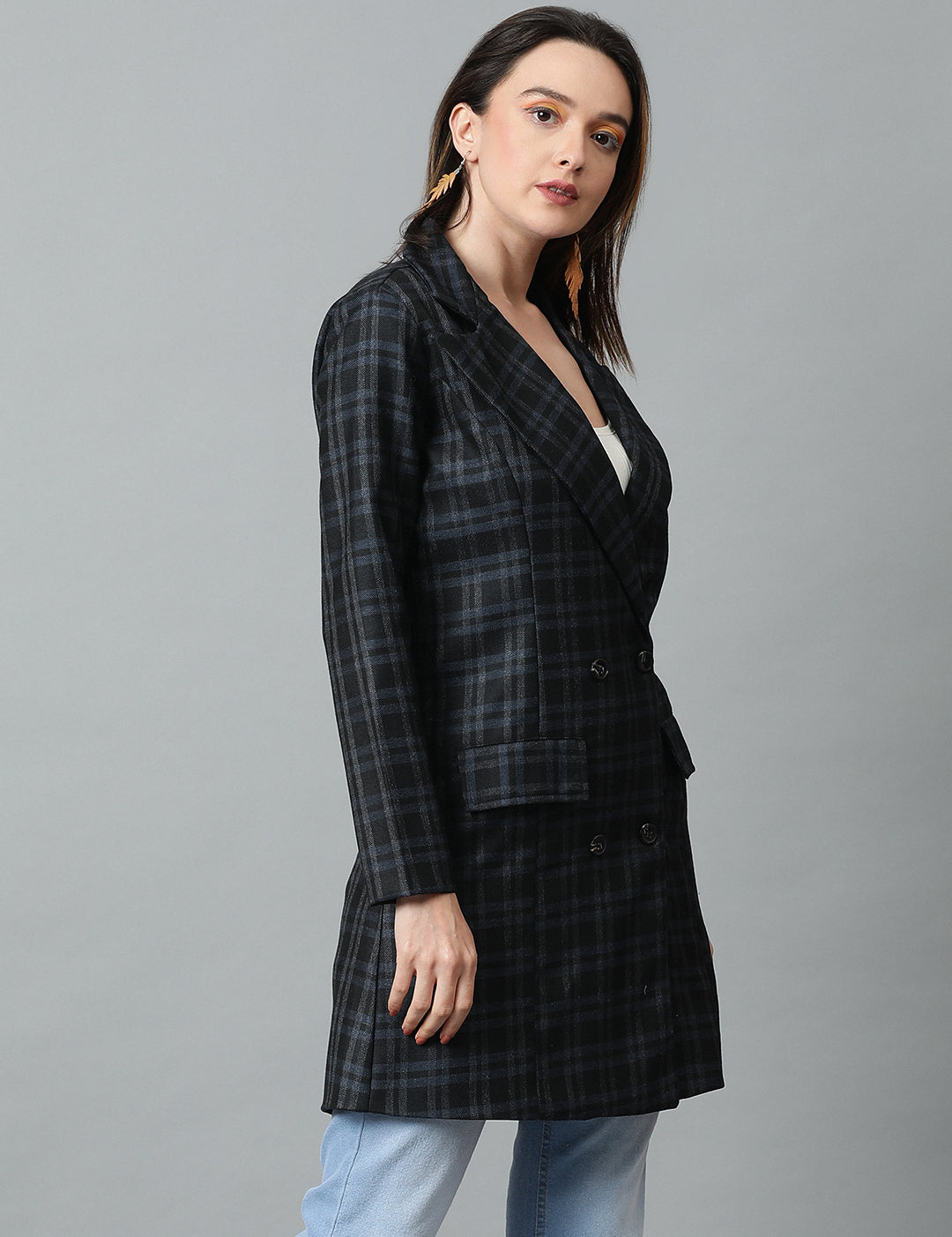 KOTTY Checkered Single Breasted Casual Women Blazer (Black)