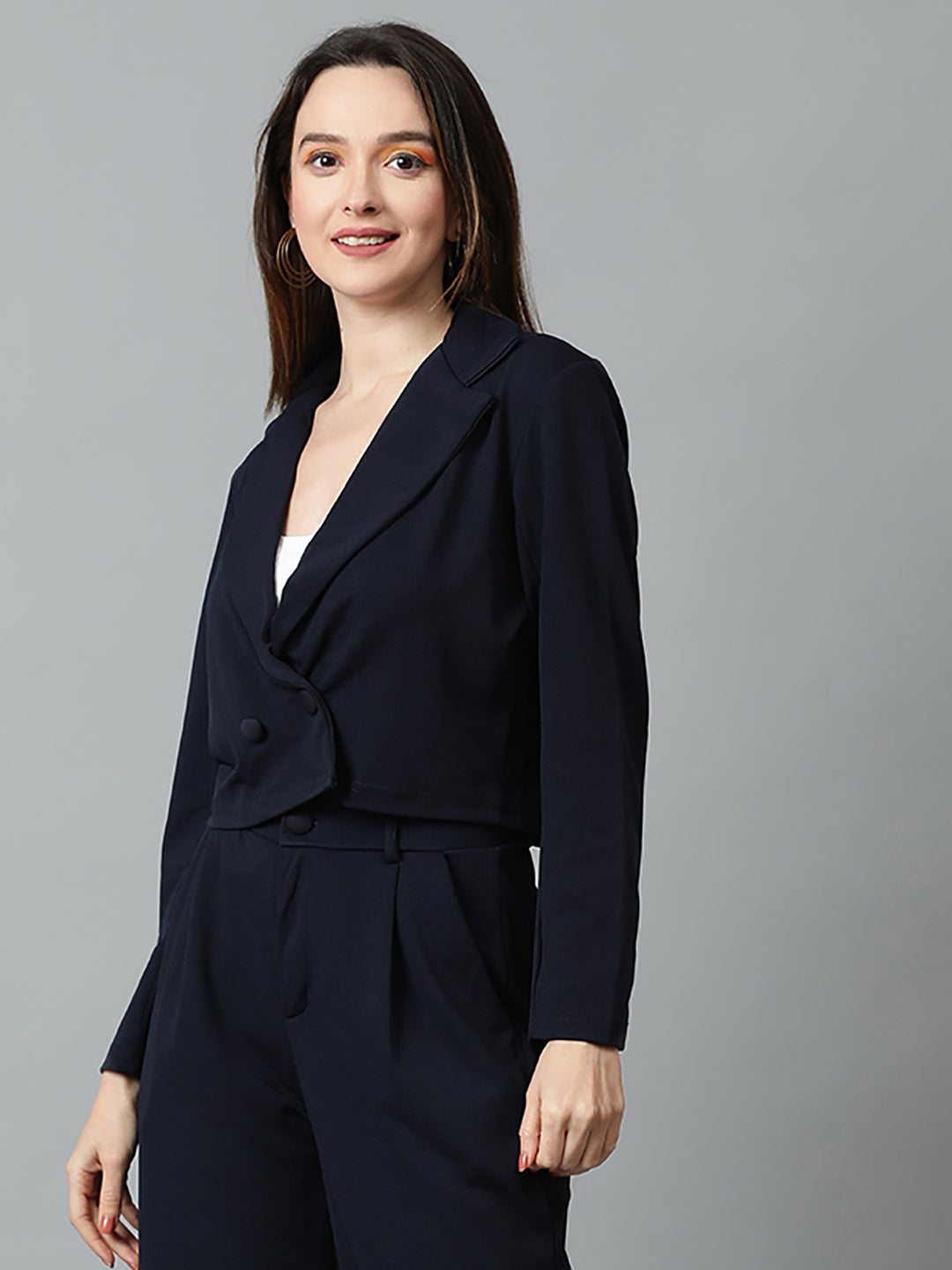 KOTTY Women's Solid Single Breasted Casual Blazer Navy Blue