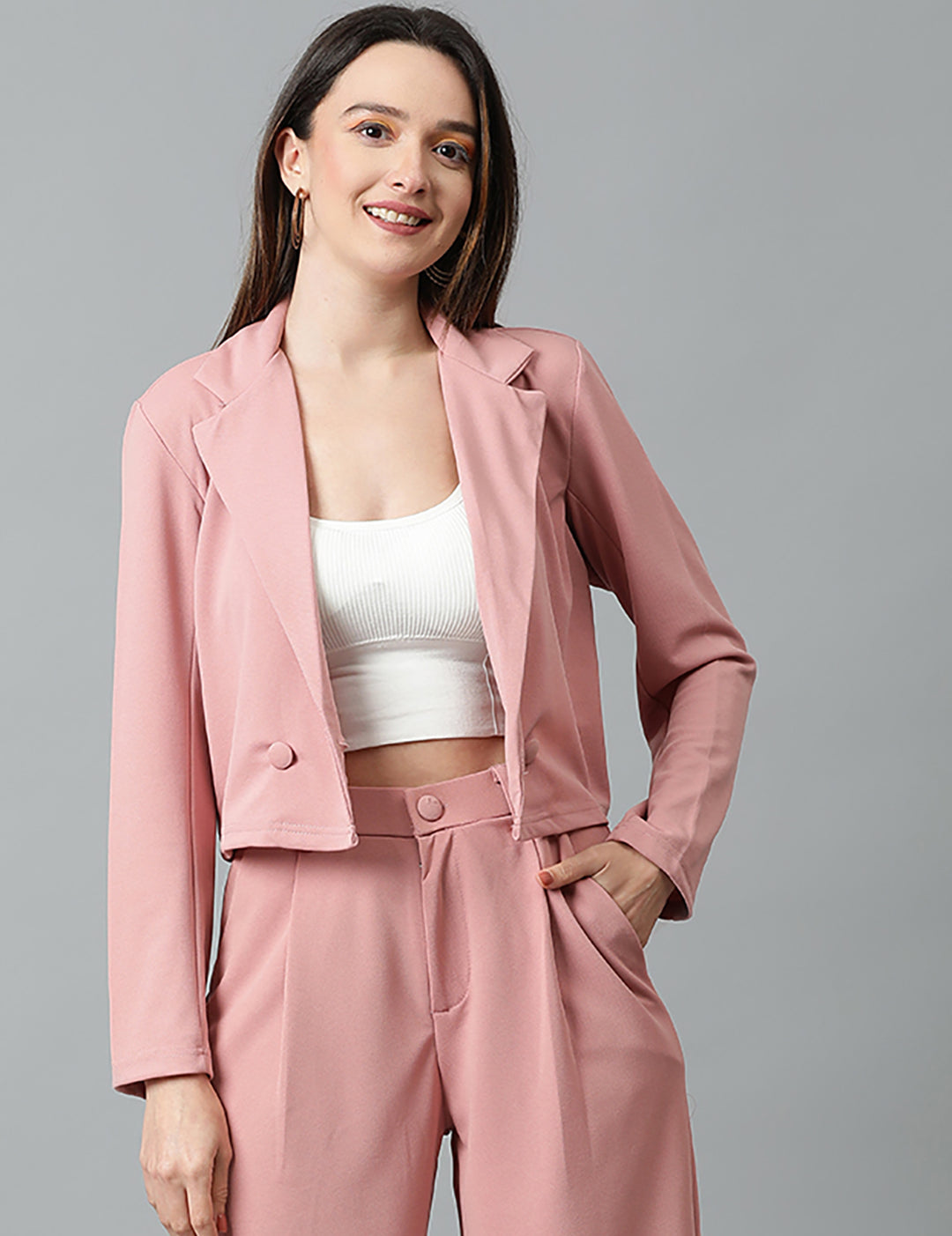 KOTTY Women's Solid Single Breasted Casual Blazer Light Pink