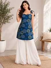 Kotty Blue Indigo Floral Print Cotton Kurti Palazzo Set