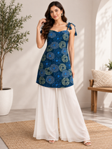 Kotty Blue Indigo Floral Print Cotton Kurti Palazzo Set