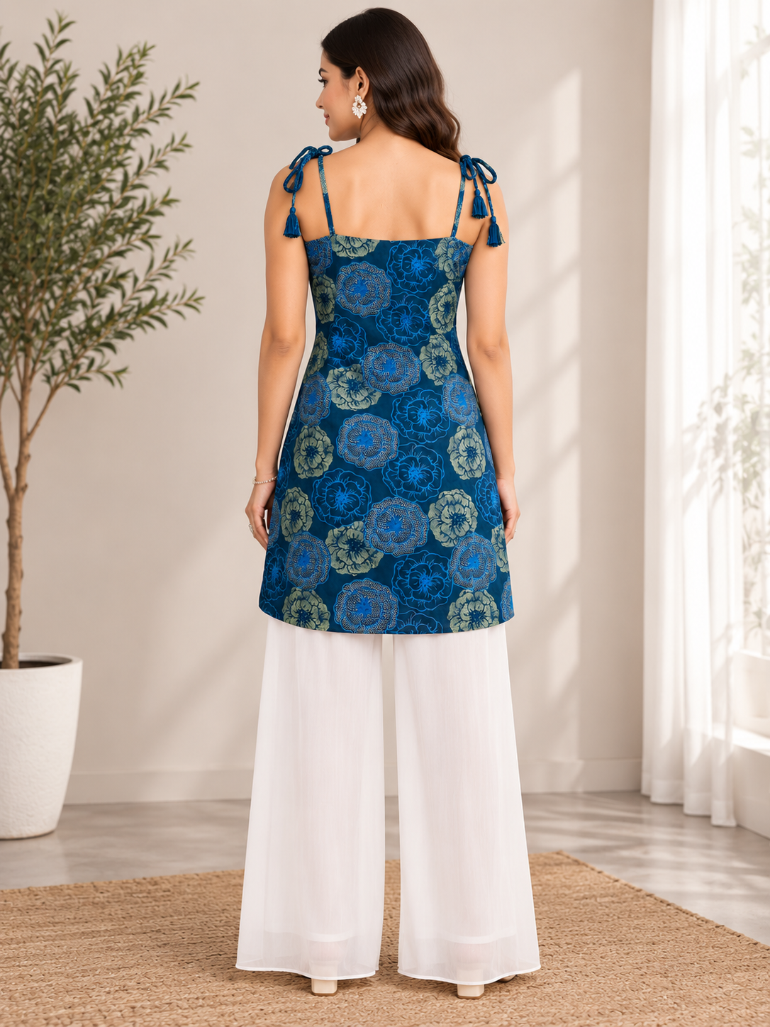 Kotty Blue Indigo Floral Print Cotton Kurti Palazzo Set