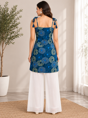 Kotty Blue Indigo Floral Print Cotton Kurti Palazzo Set