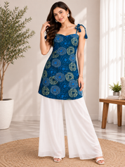 Kotty Blue Indigo Floral Print Cotton Kurti Palazzo Set