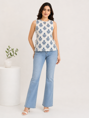 Kotty Blue White Block Print Sleeveless Cotton Kurti Top