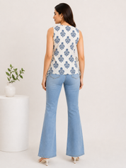 Kotty Blue White Block Print Sleeveless Cotton Kurti Top