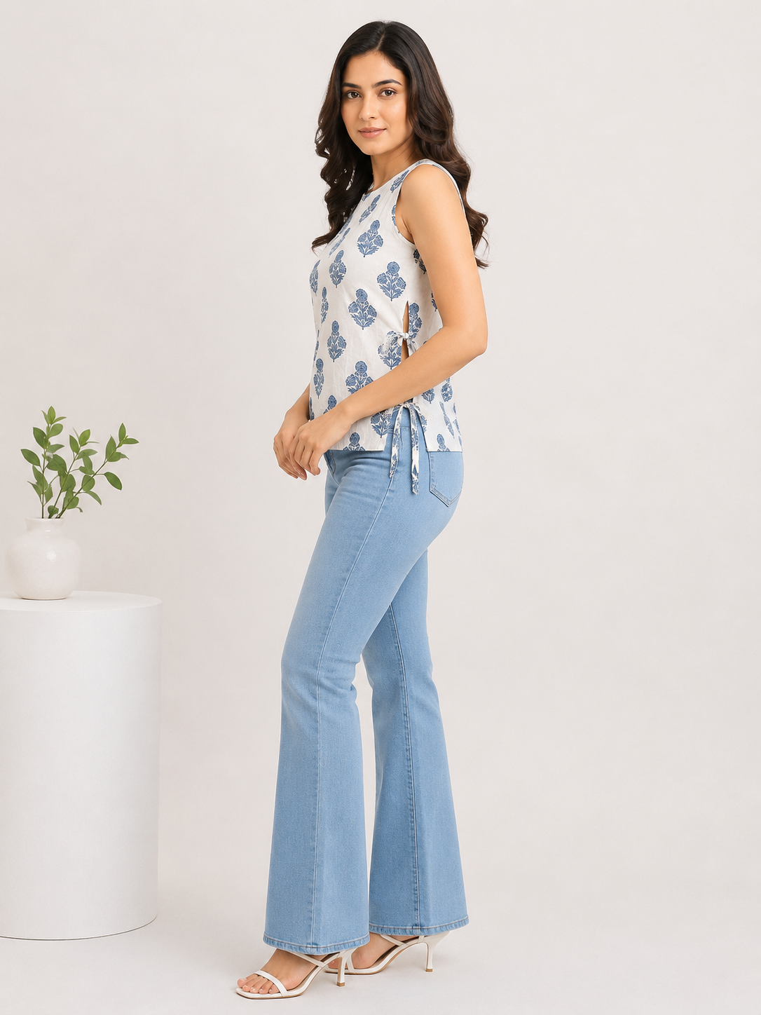Kotty Blue White Block Print Sleeveless Cotton Kurti Top