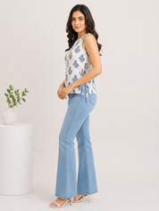 Kotty Blue White Block Print Sleeveless Cotton Kurti Top