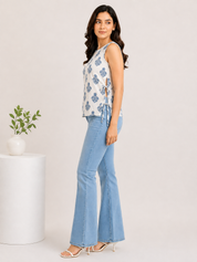 Kotty Blue White Block Print Sleeveless Cotton Kurti Top