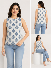 Kotty Blue White Block Print Sleeveless Cotton Kurti Top