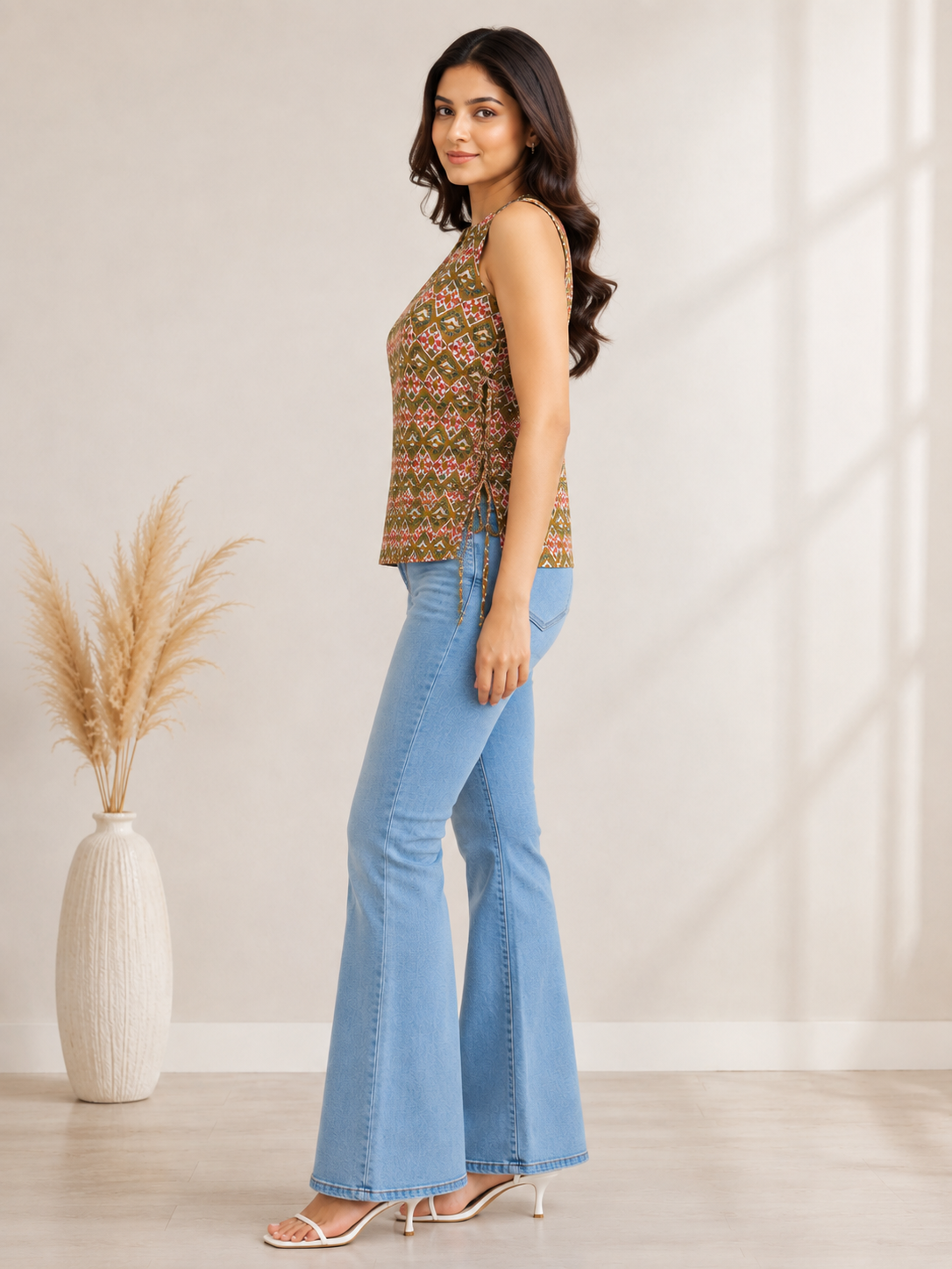 KOTTY Desert Block Print Sleeveless Cotton Kurti Top