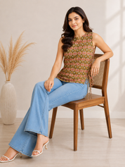 KOTTY Desert Block Print Sleeveless Cotton Kurti Top