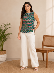 KOTTY Green Ikat Print Sleeveless Cotton Kurti Top Women