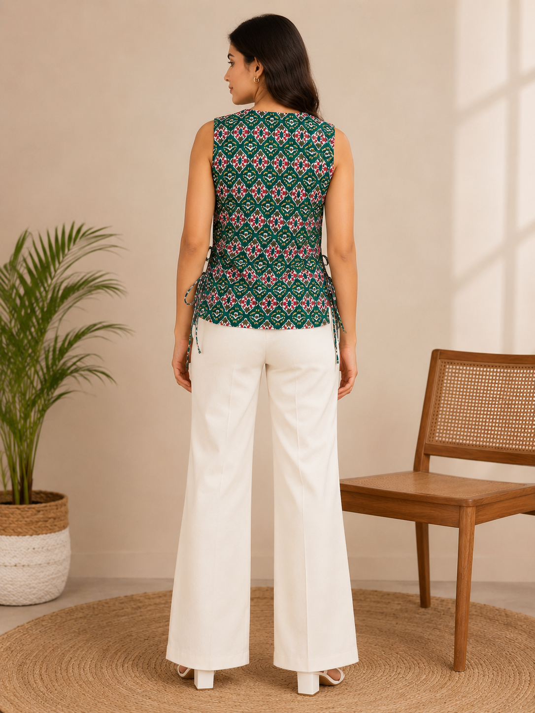 KOTTY Green Ikat Print Sleeveless Cotton Kurti Top Women