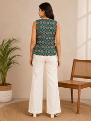 KOTTY Green Ikat Print Sleeveless Cotton Kurti Top Women