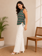 KOTTY Green Ikat Print Sleeveless Cotton Kurti Top Women
