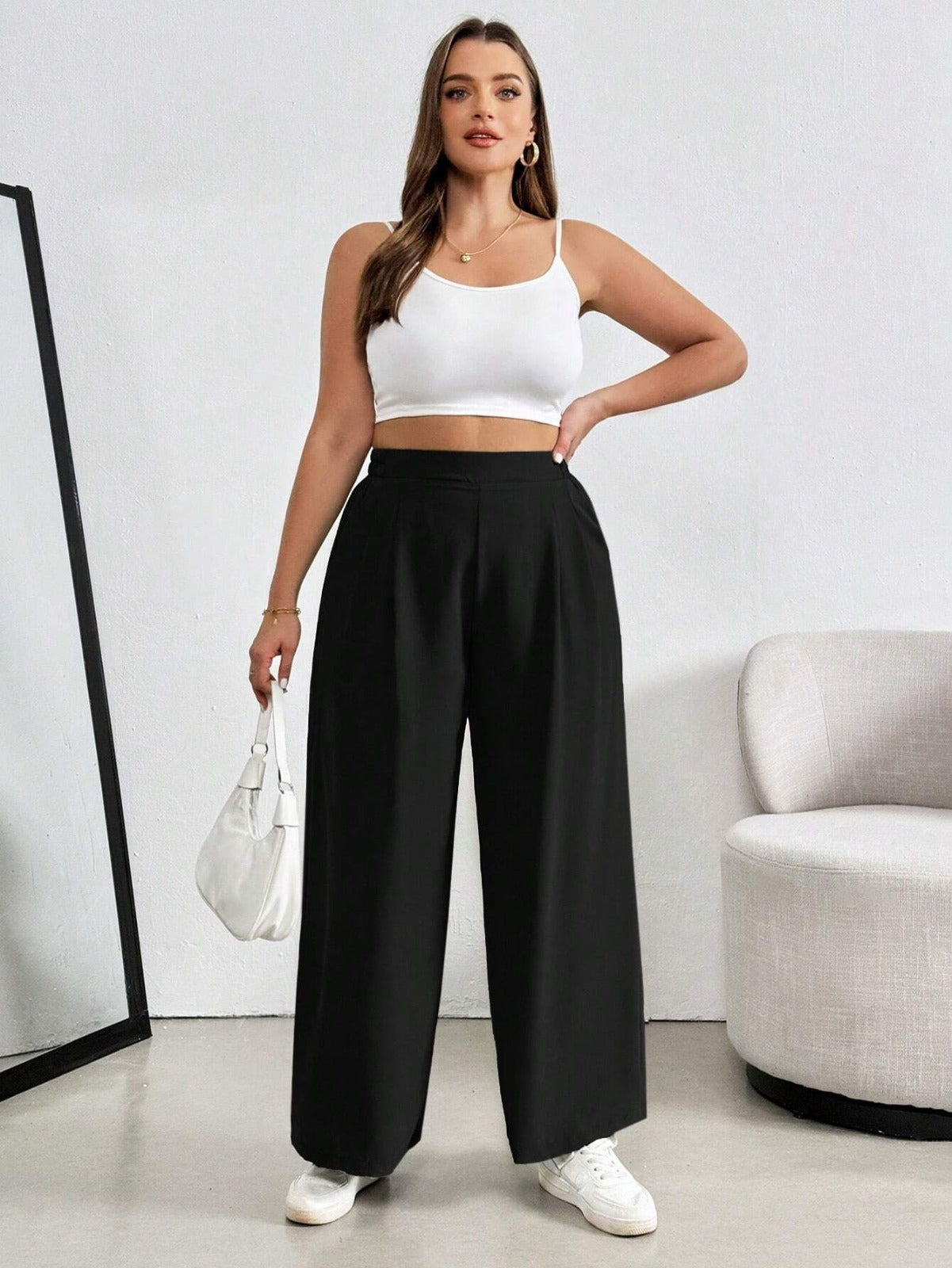 High-Waist Solid Black Wide-Leg Trousers Women Pants
