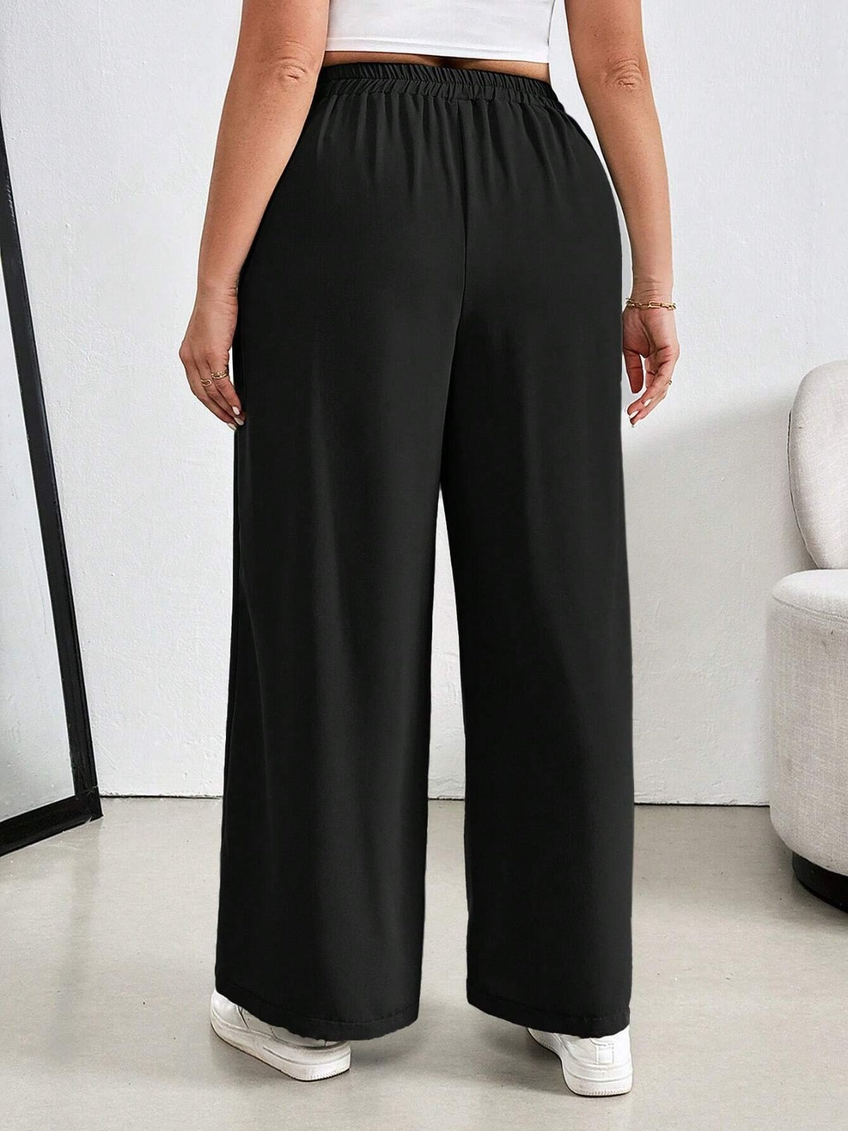 High-Waist Solid Black Wide-Leg Trousers Women Pants