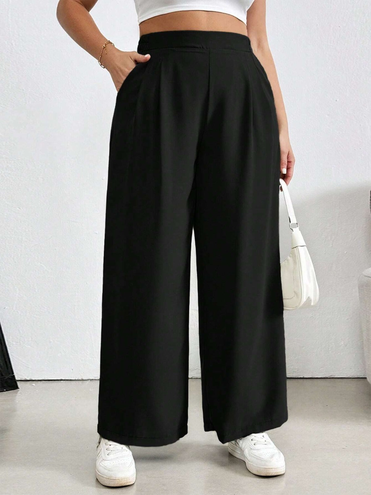 High-Waist Solid Black Wide-Leg Trousers Women Pants
