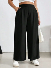 High-Waist Solid Black Wide-Leg Trousers Women Pants
