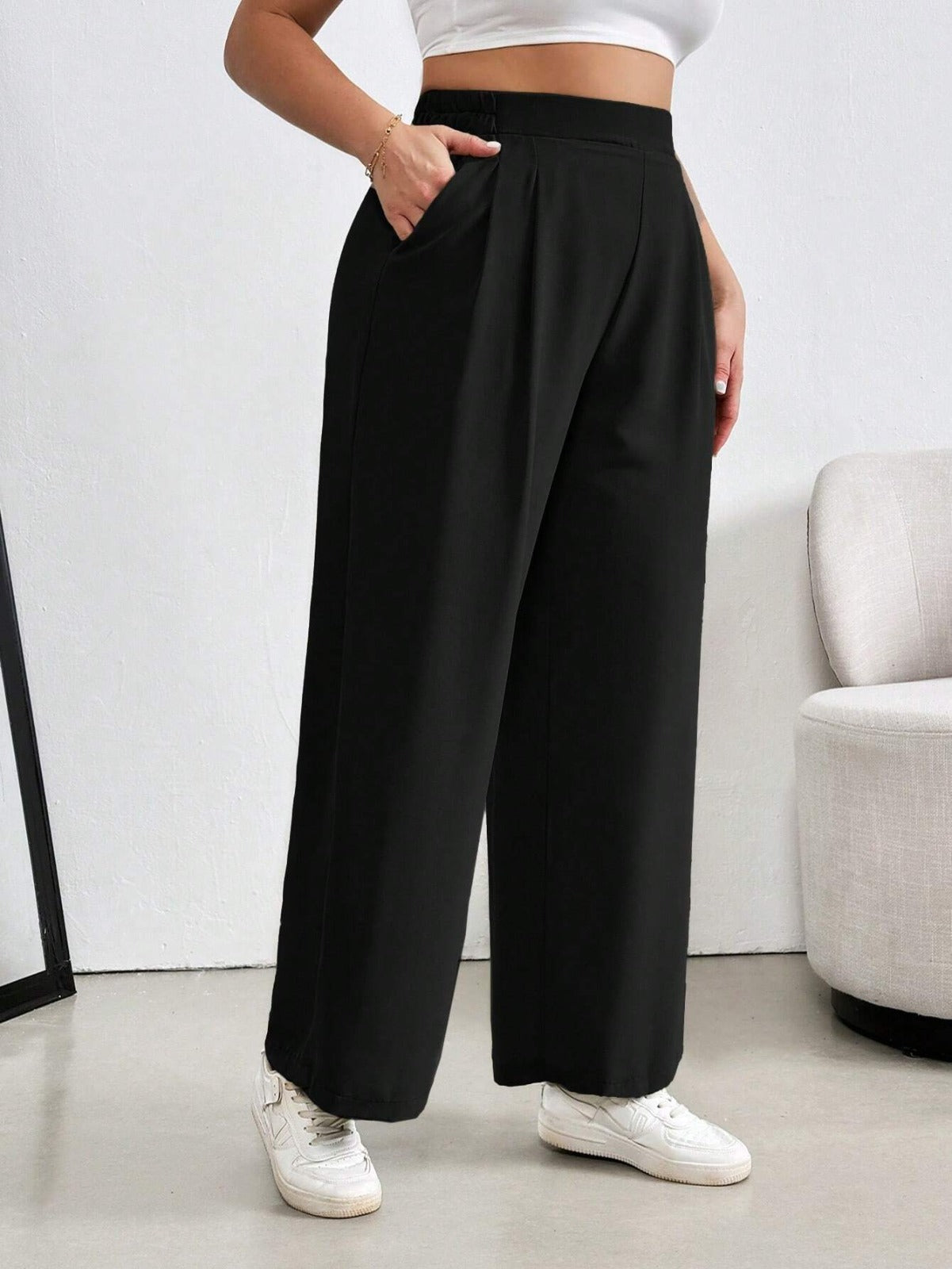 High-Waist Solid Black Wide-Leg Trousers Women Pants