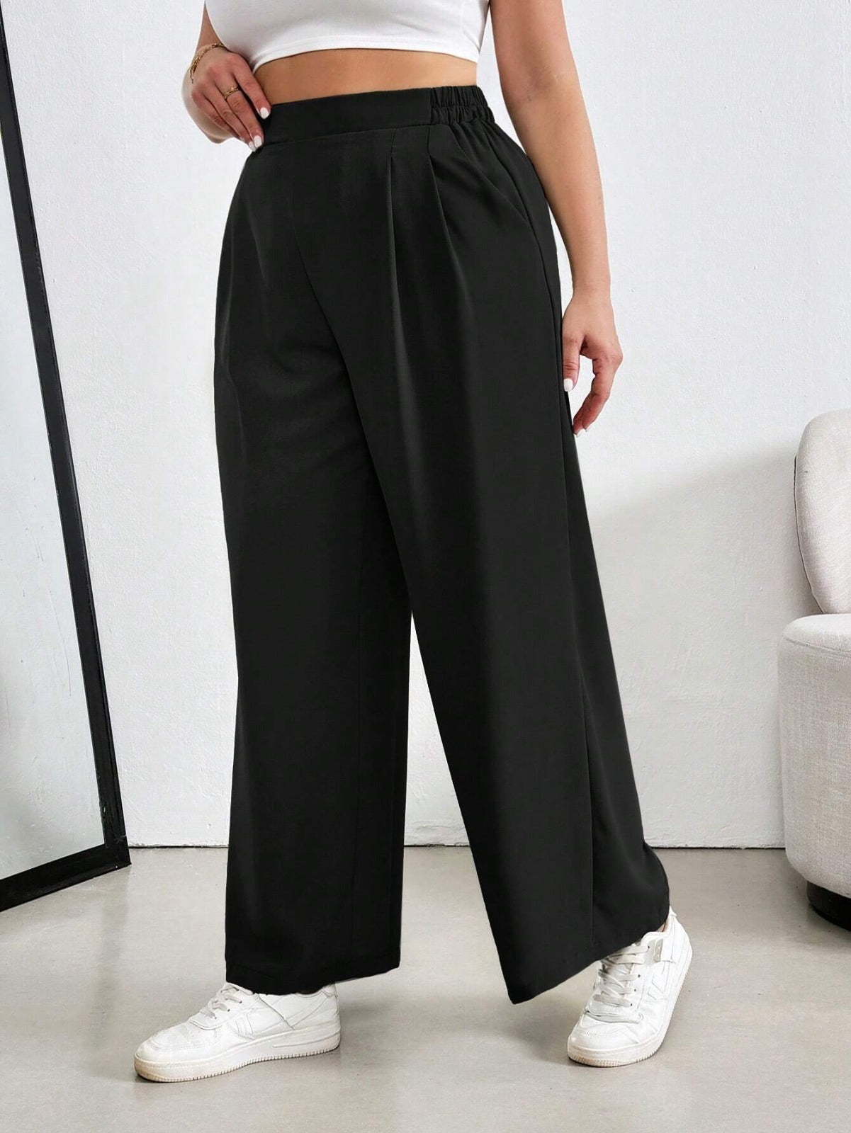 High-Waist Solid Black Wide-Leg Trousers Women Pants