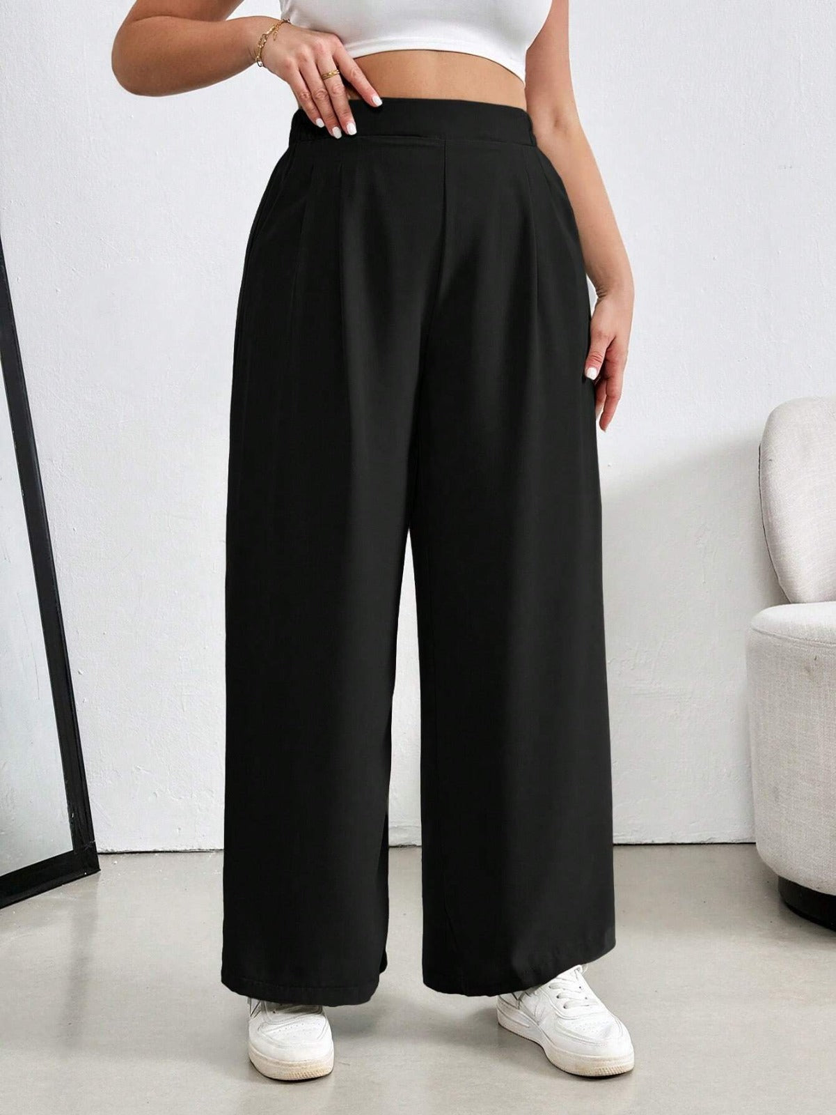 High-Waist Solid Black Wide-Leg Trousers Women Pants
