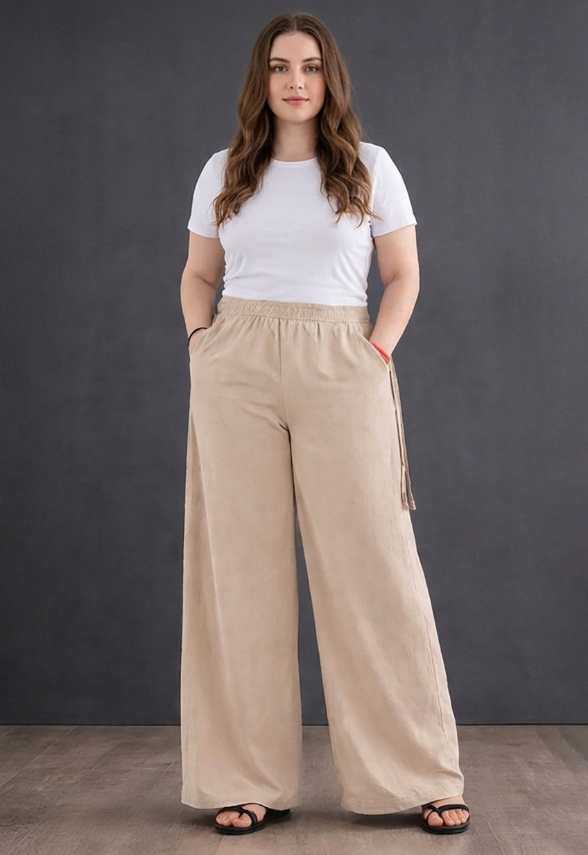 Women's High-Waist Light Beige Wide-Leg Trousers