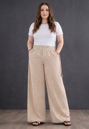 Women's High-Waist Light Beige Wide-Leg Trousers