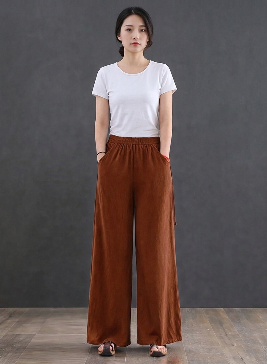 Women's High-Waist Dark Orange Wide-Leg Trousers