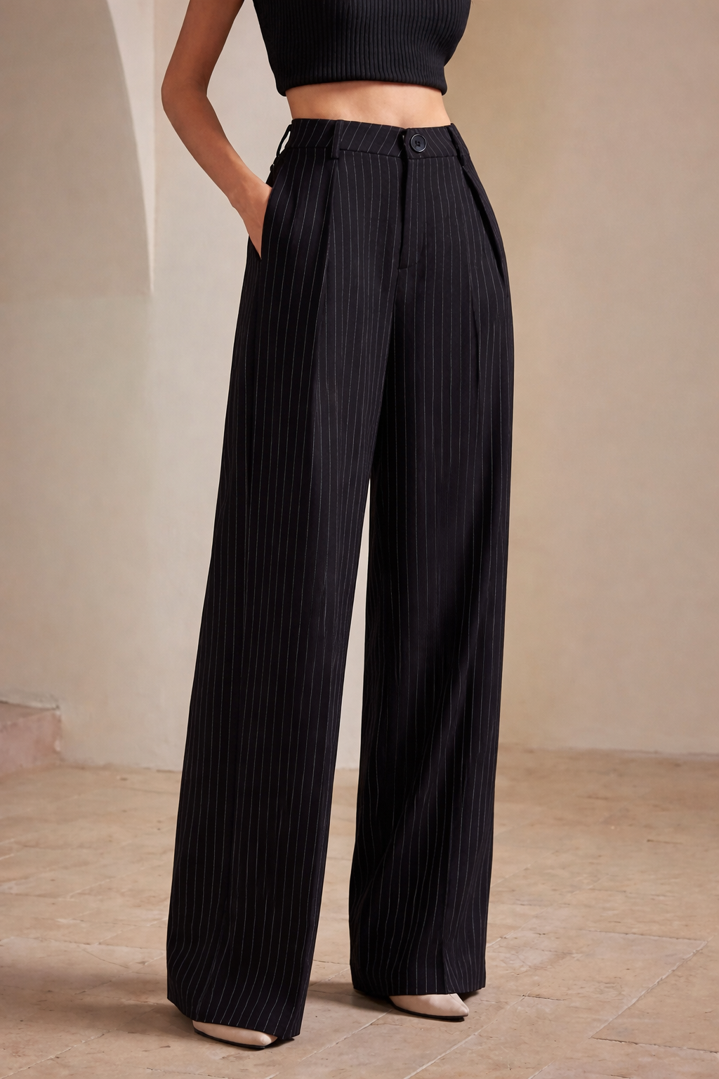 Women's High-Waist Black Striped Formal Trouser