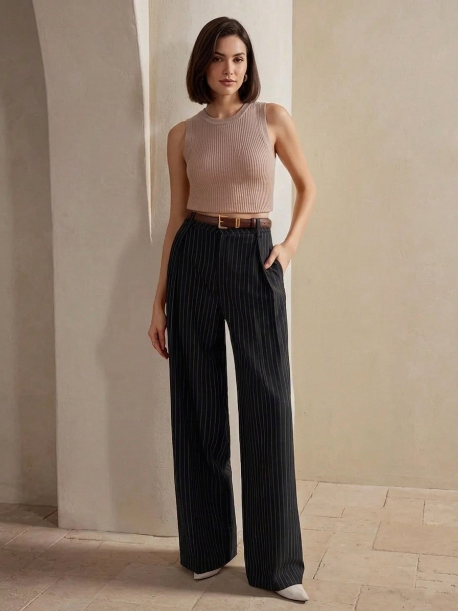 High-Waist Black Pinstripe Wide-Leg Denim Jeans Women