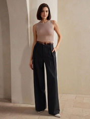 Women's High-Waist Black Striped Formal Trouser
