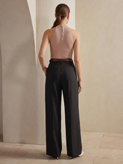 Women's High-Waist Black Striped Formal Trouser