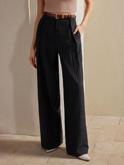 High-Waist Black Pinstripe Wide-Leg Denim Jeans Women