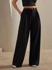 High-Waist Black Pinstripe Wide-Leg Denim Jeans Women