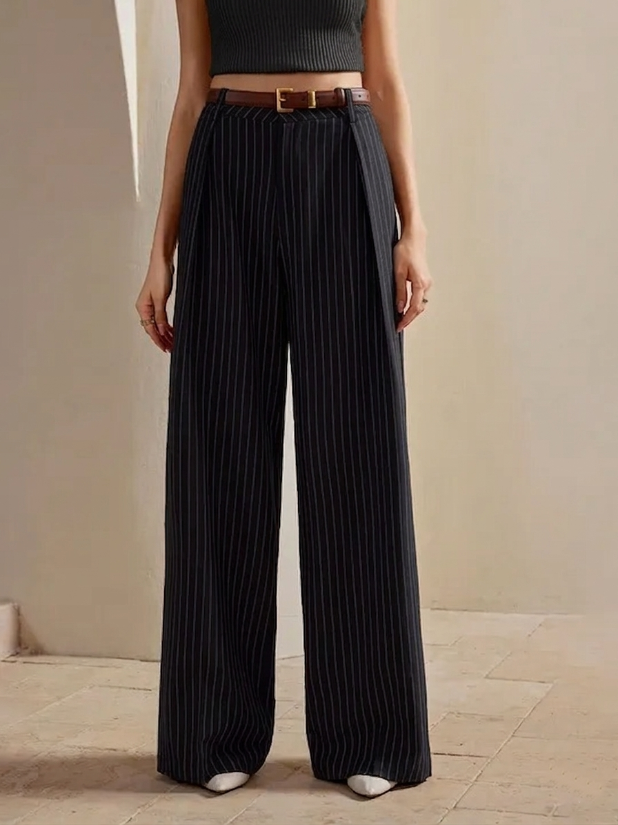 Women's High-Waist Black Striped Formal Trouser