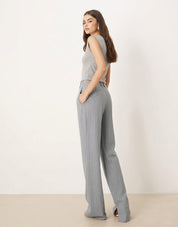 Women's High-Waist Grey Striped Formal Trouser