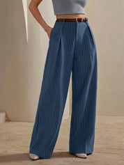 Women's High-Waist Blue Striped Formal Trouser