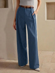 Women's High-Waist Blue Striped Formal Trouser